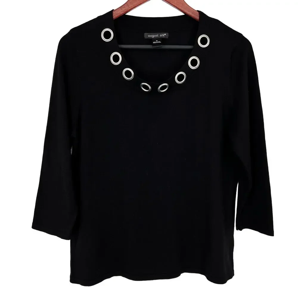 August Silk Womens Sz XL Black Silk Blend Knit Sweater Blouse Shirt Top Formal